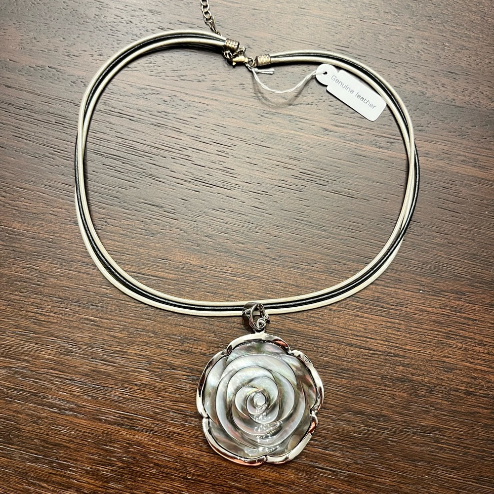 Vintage Genuine Leather Silver Necklace with Mother of Pearl Rose Pendant